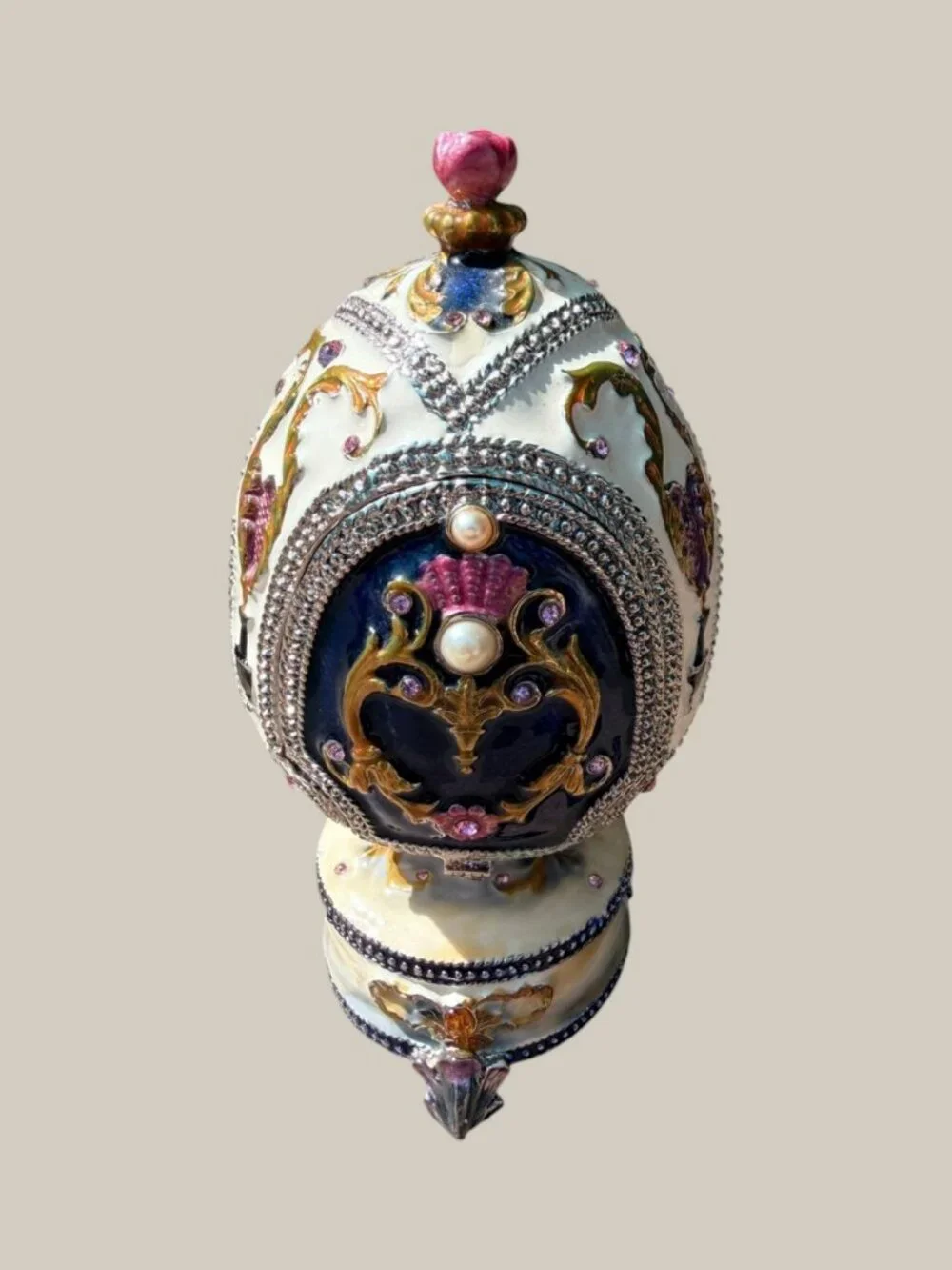 Jere Jeweled Enameled Exquisite Egg Music Box Trinket Box Rhinestone AS IS
